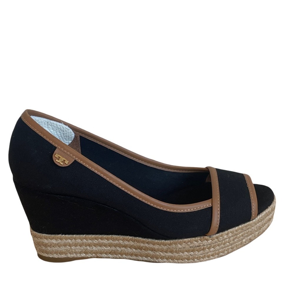 Tory Burch Majorca Peep-Toe Canvas Wedge, Black/Tan